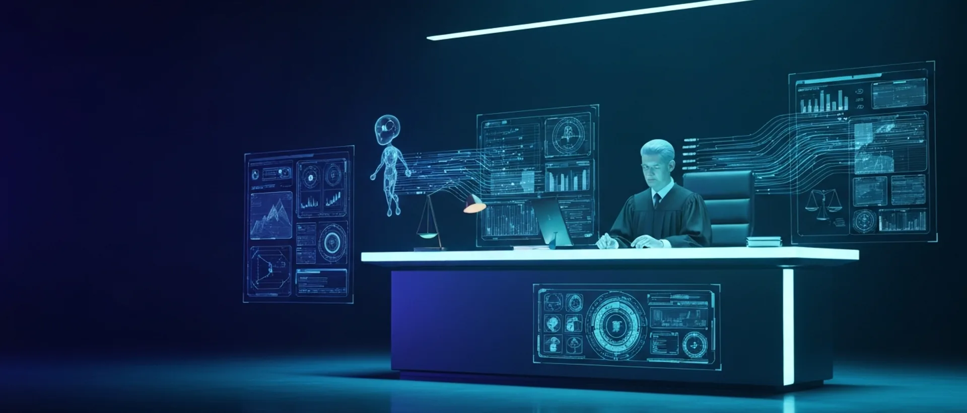 Cena futurista de tribunal em 2026 com juiz, interfaces holográficas de dados e entidade de IA etérea