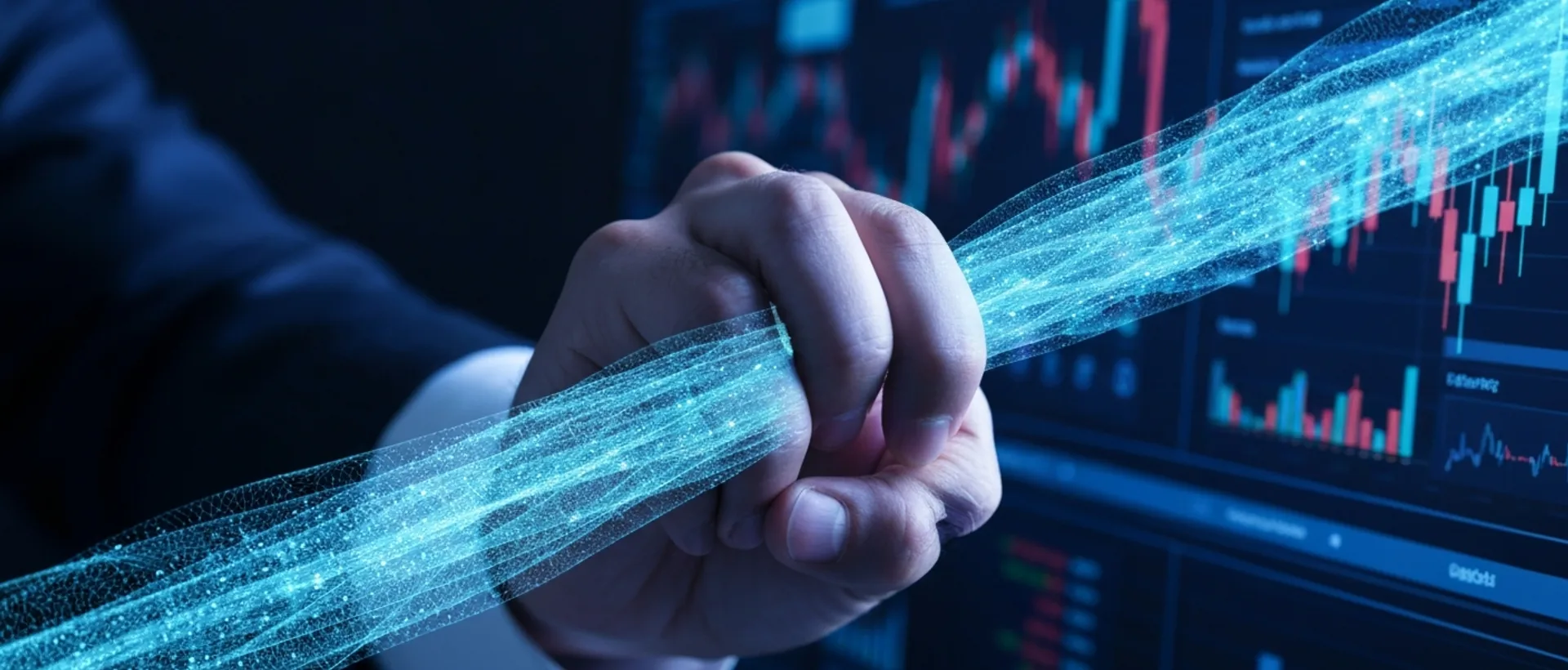 Mão humana resistindo a um fluxo de dados brilhante, com uma interface de trading futurista ao fundo.