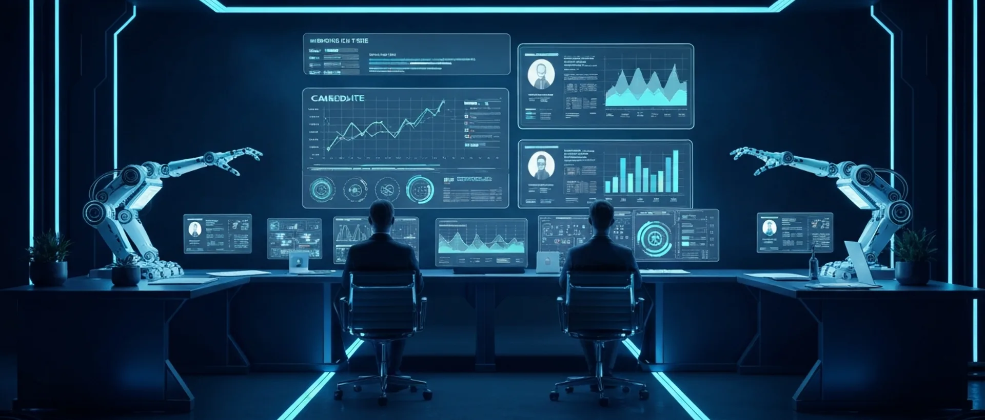 Profissionais de RH interagindo com interfaces holográficas de IA em um escritório futurista, com robôs auxiliando na análise de dados de candidatos.