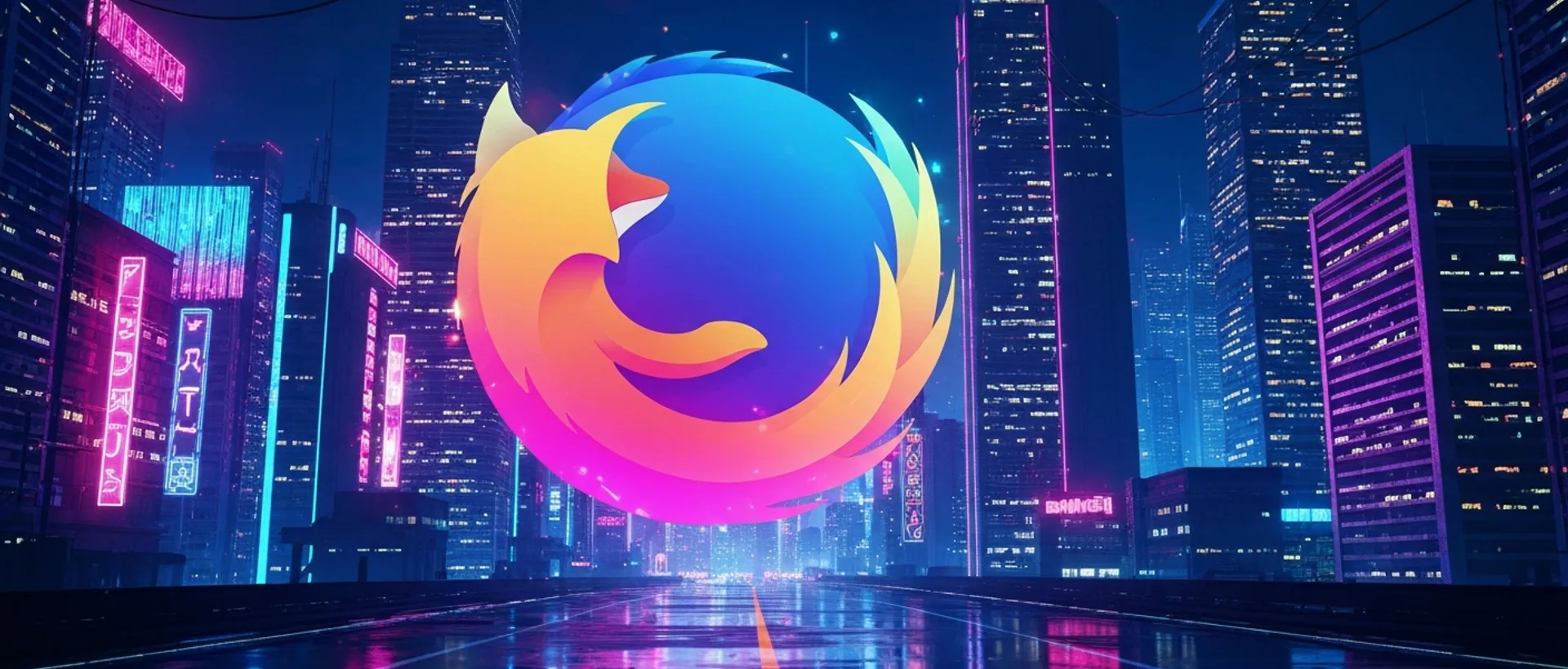 Logo estilizado da Mozilla Firefox entre fluxos de dados digitais em uma cidade futurista ao anoitecer.