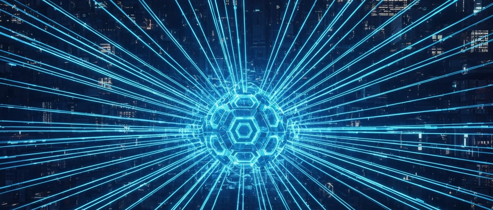 Cidade futurista com caminhos de dados convergindo para uma rede neural holográfica de formas convexas, iluminada em índigo e ciano.