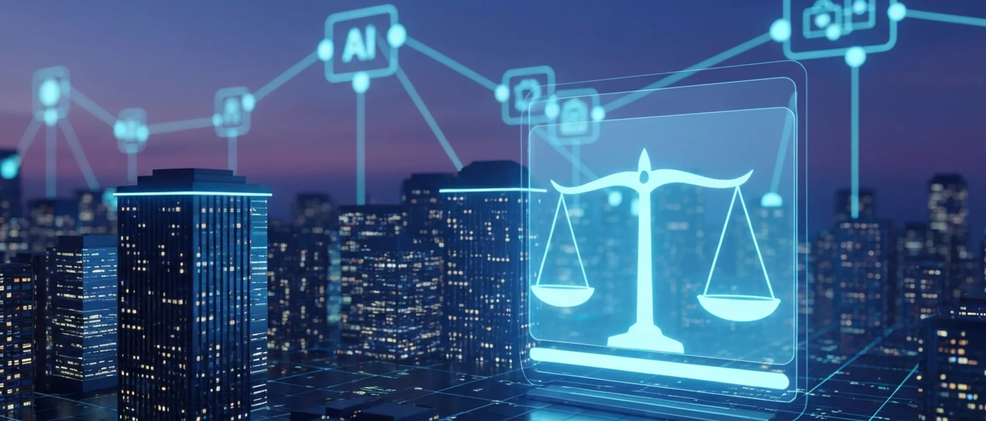 Cidade digital futurista com fluxos de dados e balança holográfica simbolizando IA paga e gratuita em 2026.