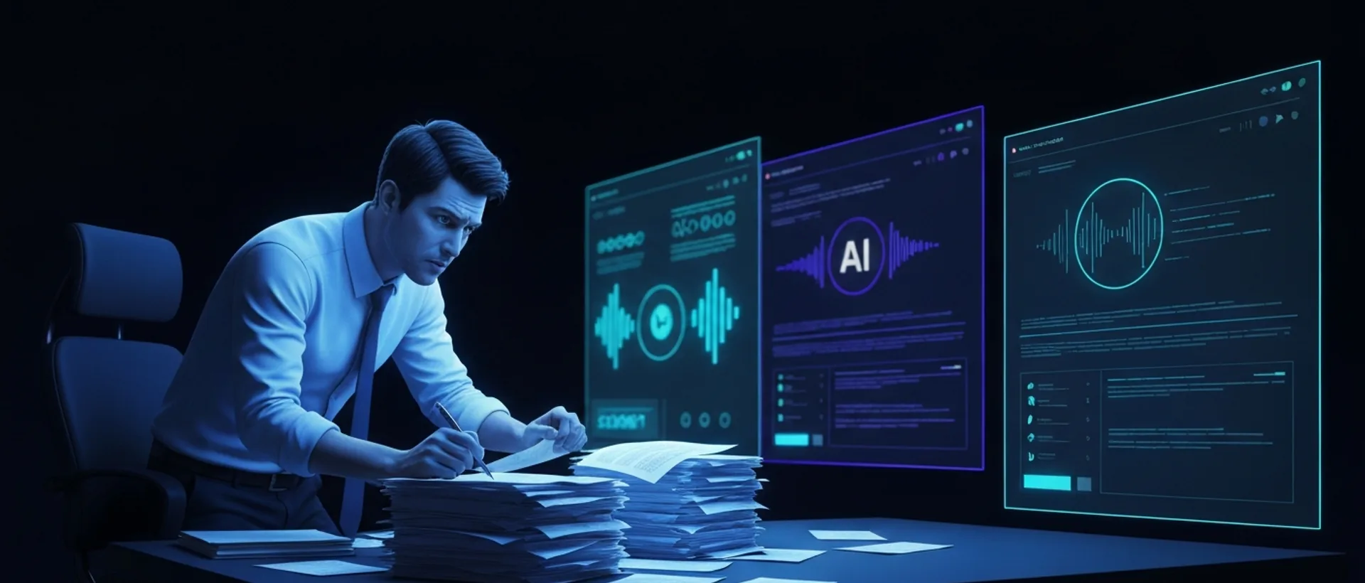 Humano frustrado em escritório com pilhas de papel enquanto interfaces de IA futuristas transcrevem áudios automaticamente