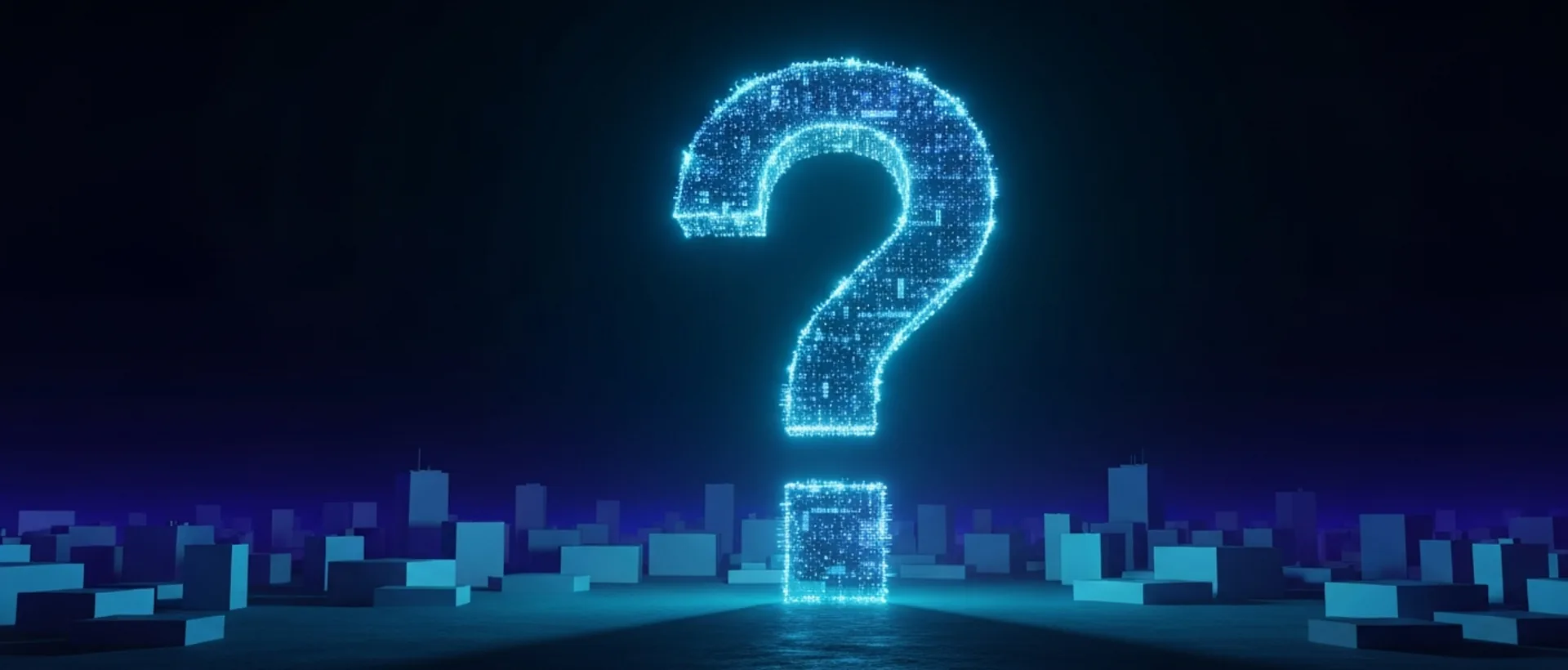Um grande ponto de interrogação abstrato e brilhante feito de dados, pairando sobre uma cidade futurista ao anoitecer, com iluminação índigo e ciano.
