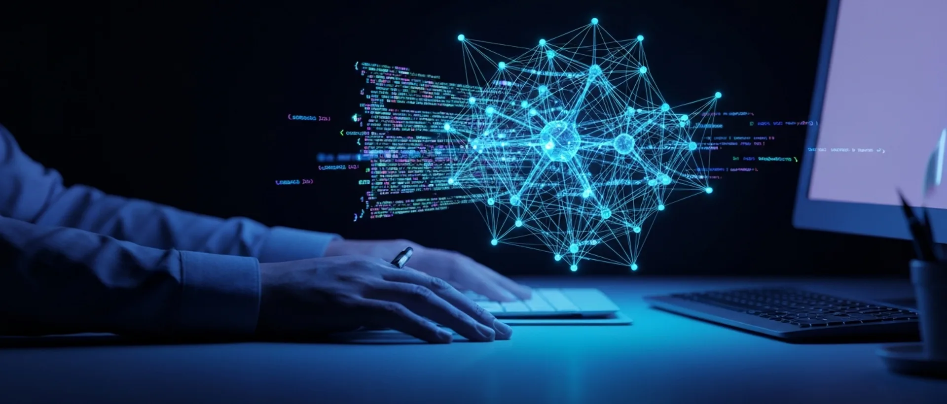 Ambiente de programação futurista com rede neural holográfica gerando código automaticamente em 2026.