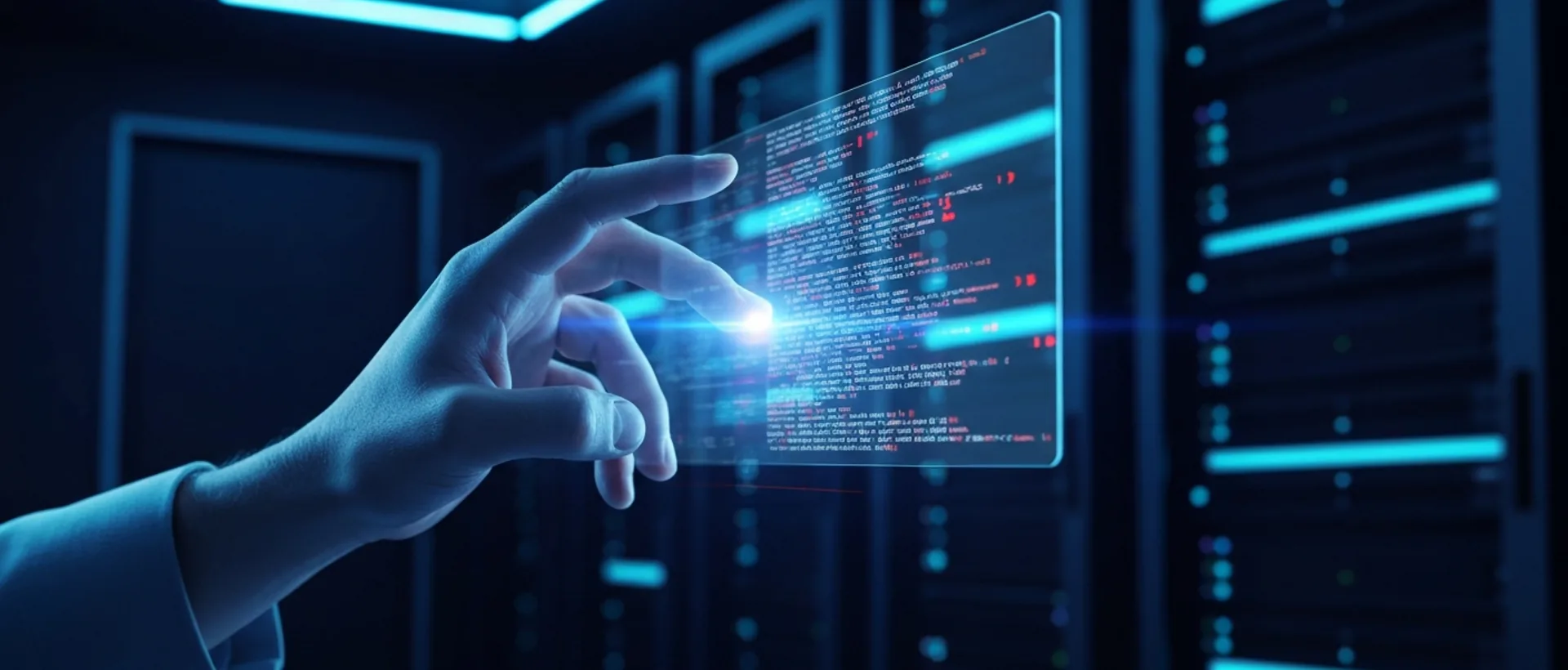 Mão humana alcançando interface holográfica de código com erros destacados em vermelho, em ambiente de servidor escuro.
