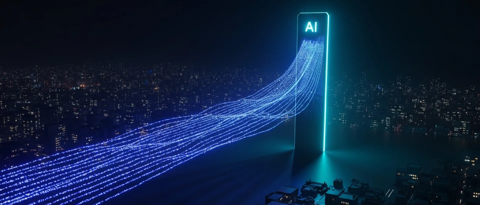 Futuristic and imposing AI monolith receiving luminous audio data streams in a night city.
