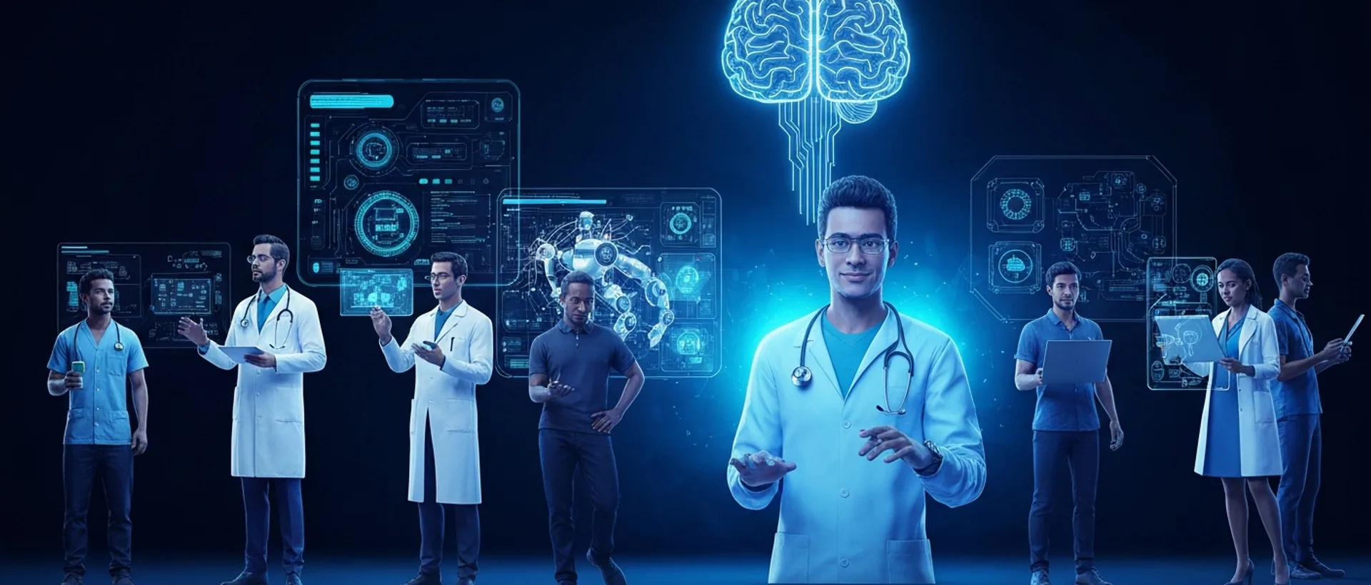 Profissionais brasileiros interagindo com tecnologia de IA e robôs colaborativos em um ambiente de trabalho futurista, com projeções holográficas.