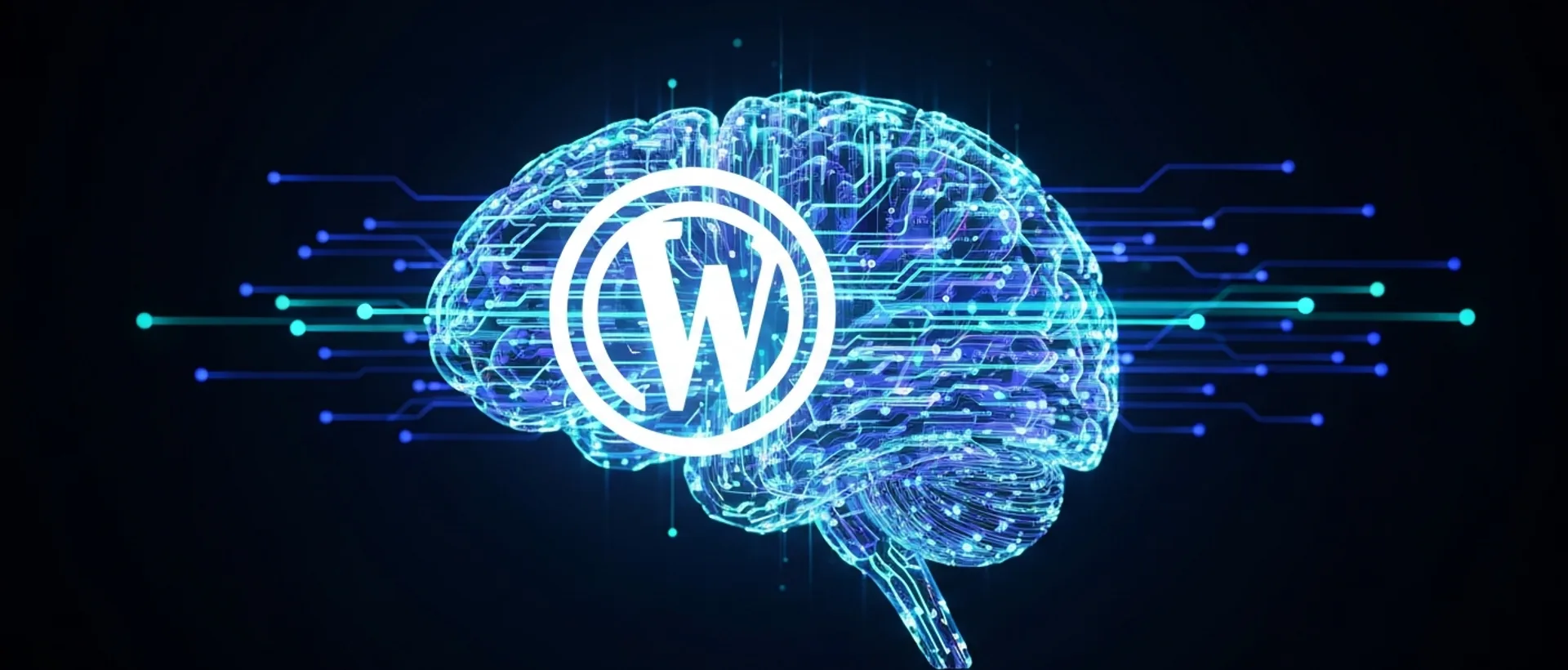 Cérebro digital futurista com fluxos de dados em tons de índigo e ciano, integrado ao ícone do WordPress, simbolizando a IA.