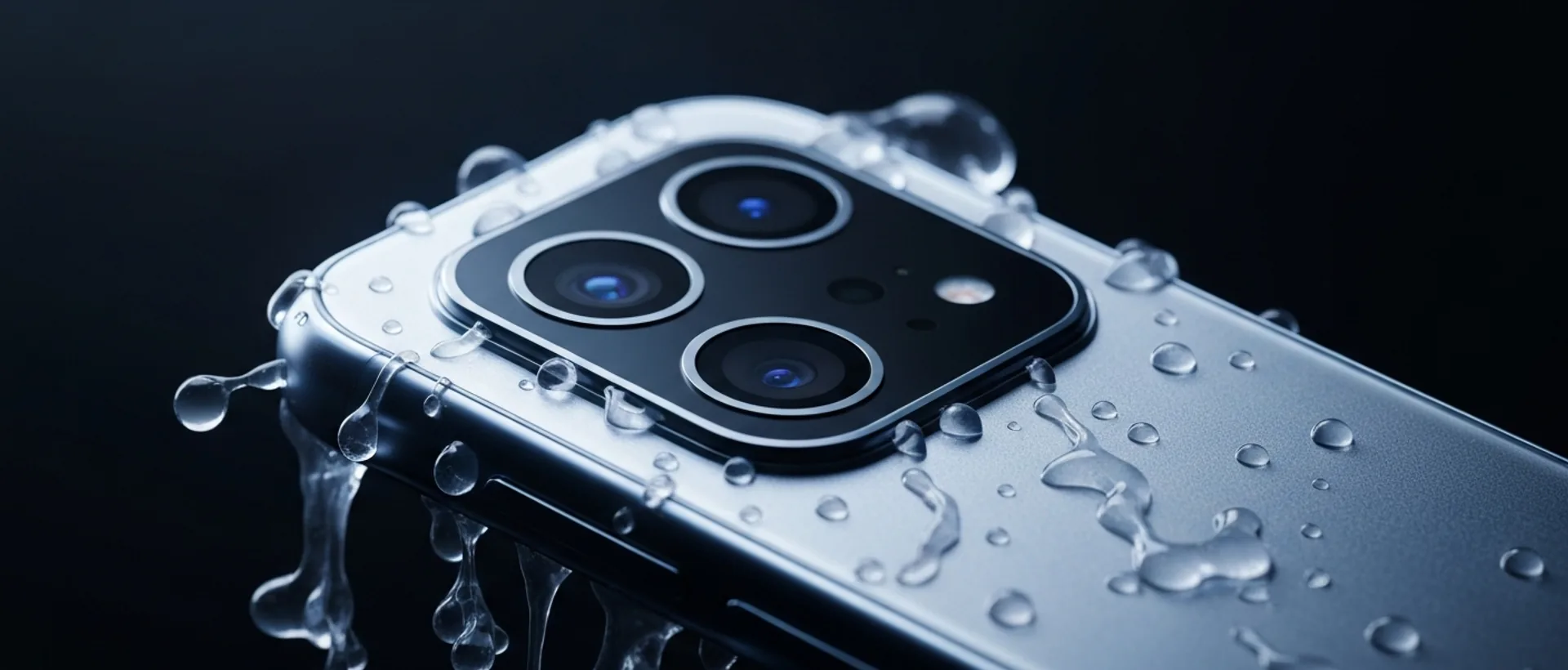 Futuristic smartphone glowing in indigo and cyan tones, partially submerged in liquid nitrogen.