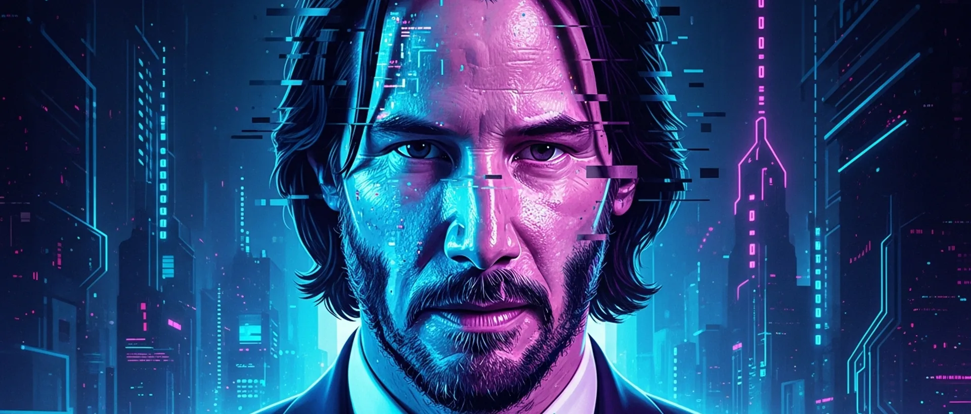 Retrato estilizado de Keanu Reeves com efeitos digitais e iluminação neon, em um cenário futurista de cidade.