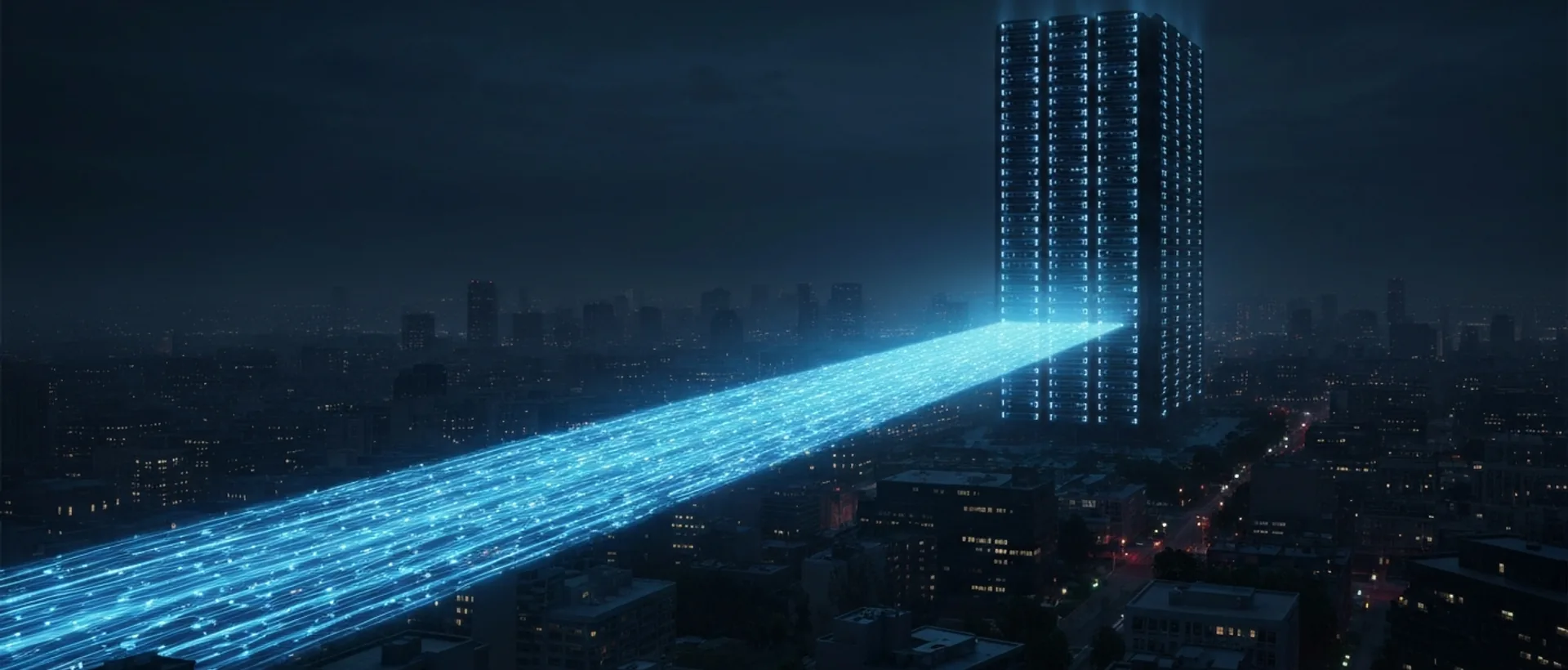 Cidade futurista com feixe de dados neon índigo e ciano levando a um complexo de servidores monolítico