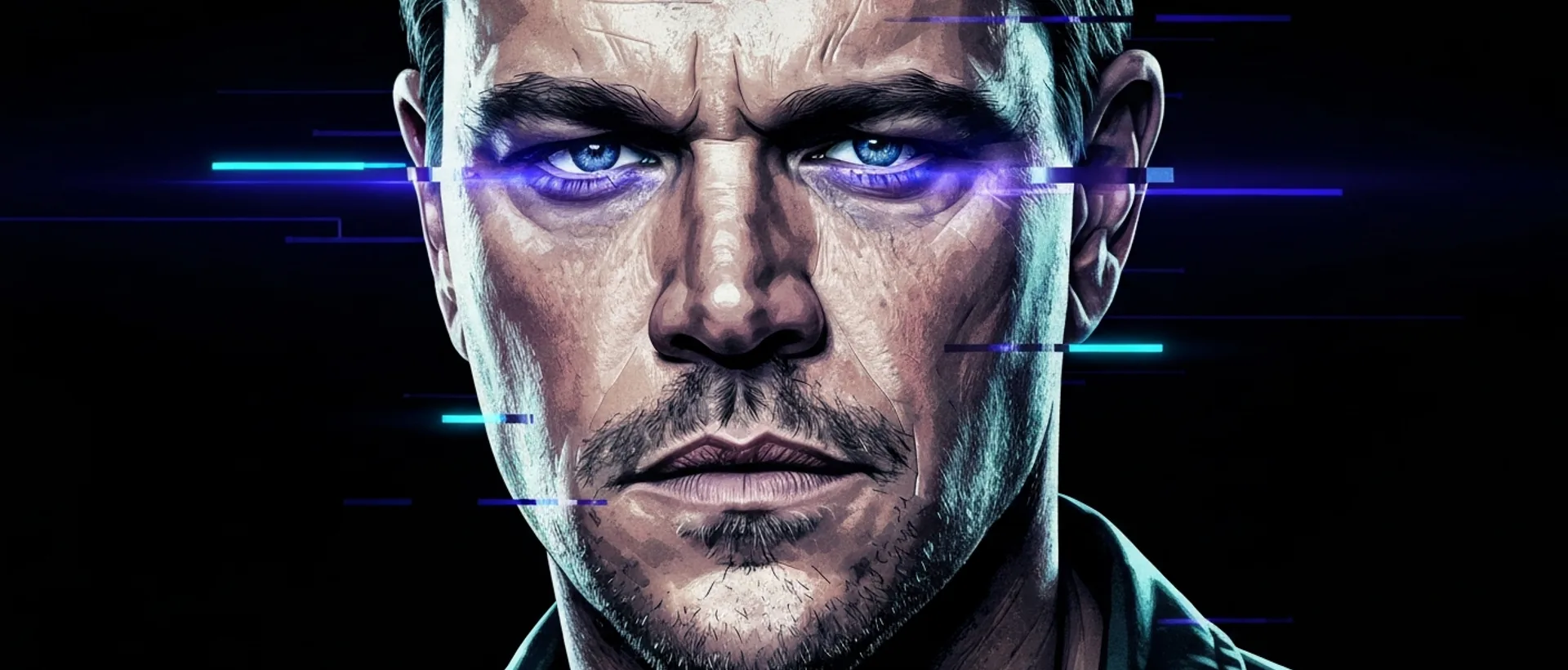 Stylized portrait of Matt Damon with digital glitch effects and neon lights, symbolizing the complexity of his career.