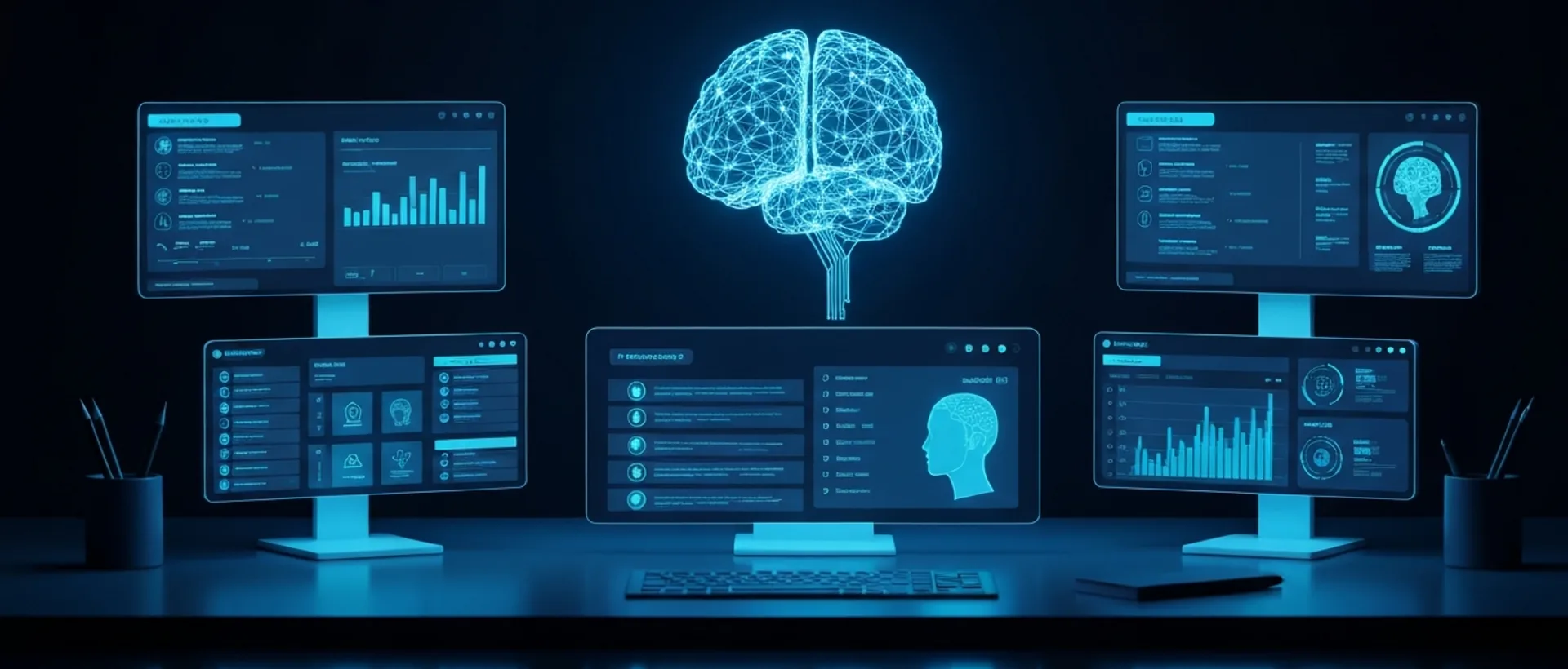 Ambiente de trabalho futurista com telas holográficas e inteligência artificial flutuante, destacando produtividade e organização.