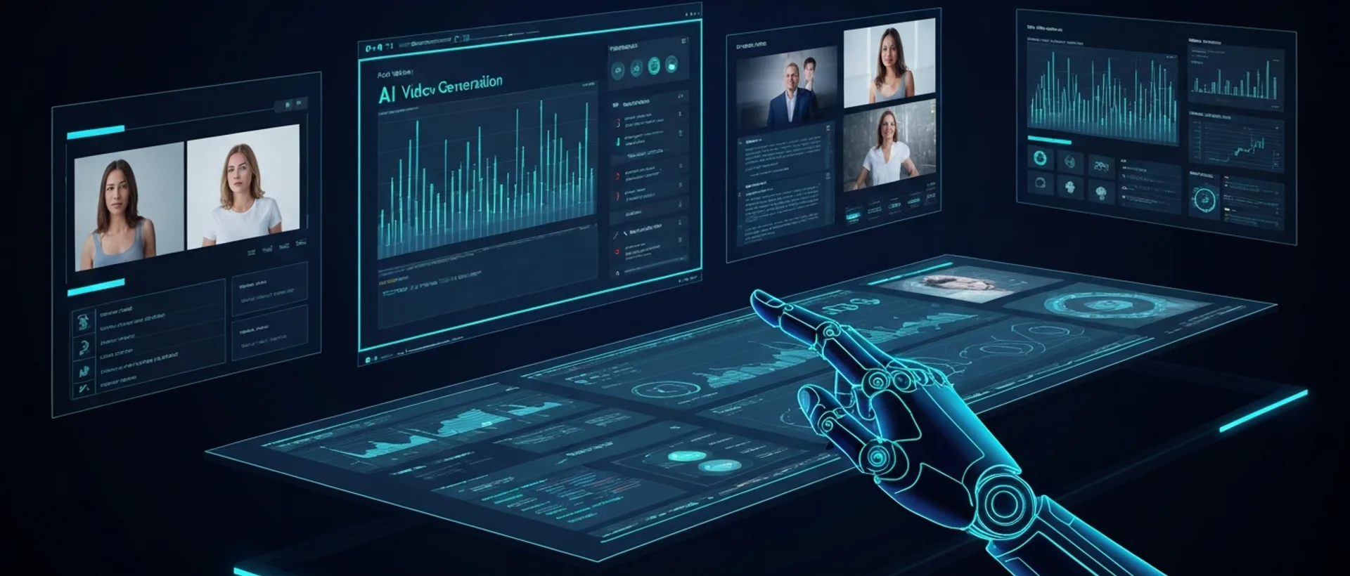 Mão robótica interagindo com interfaces holográficas exibindo vídeos gerados por IA em um ambiente de trabalho futurista.