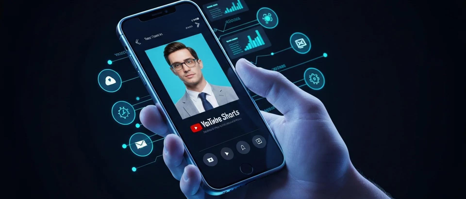 Mão futurista segurando smartphone com meme tech viral em YouTube Shorts, rodeado por dados holográficos
