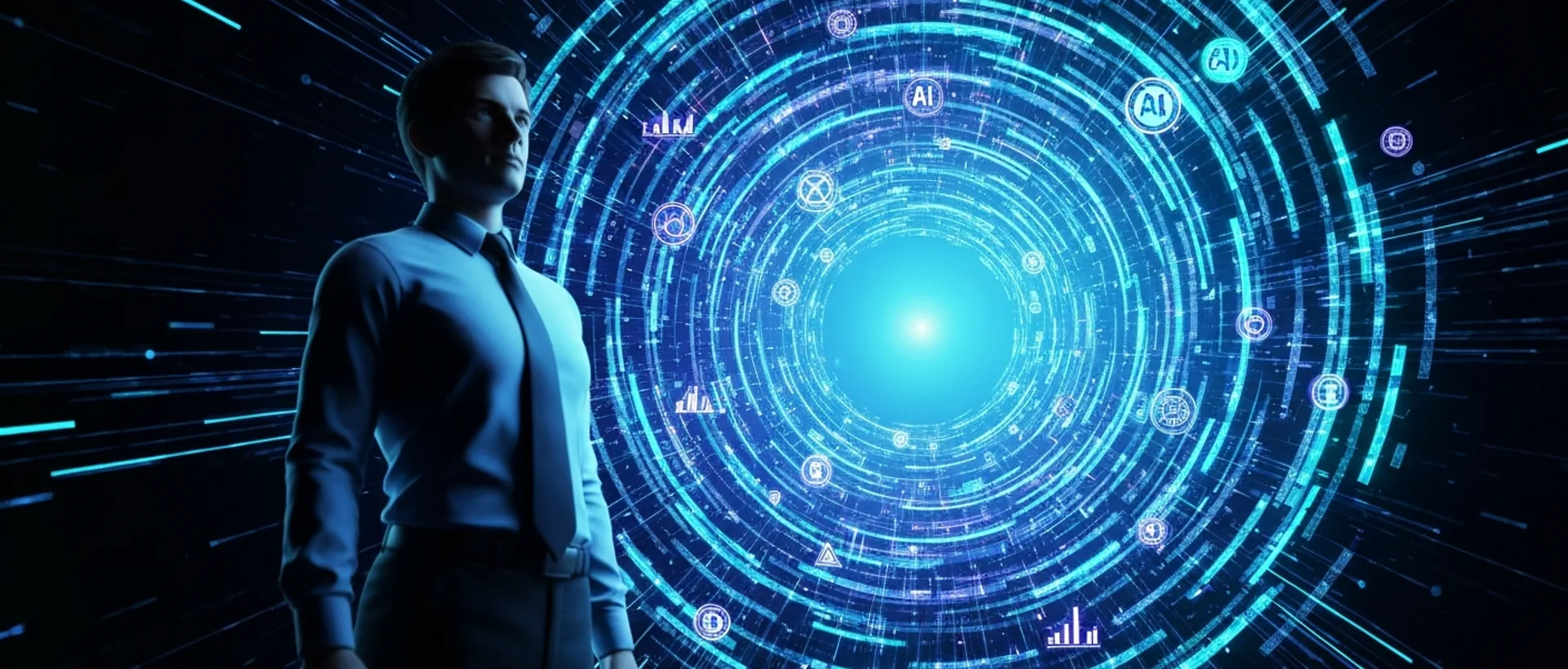 Figura humana confiante diante de um vórtice abstrato de dados e símbolos de IA com iluminação azul e roxa.