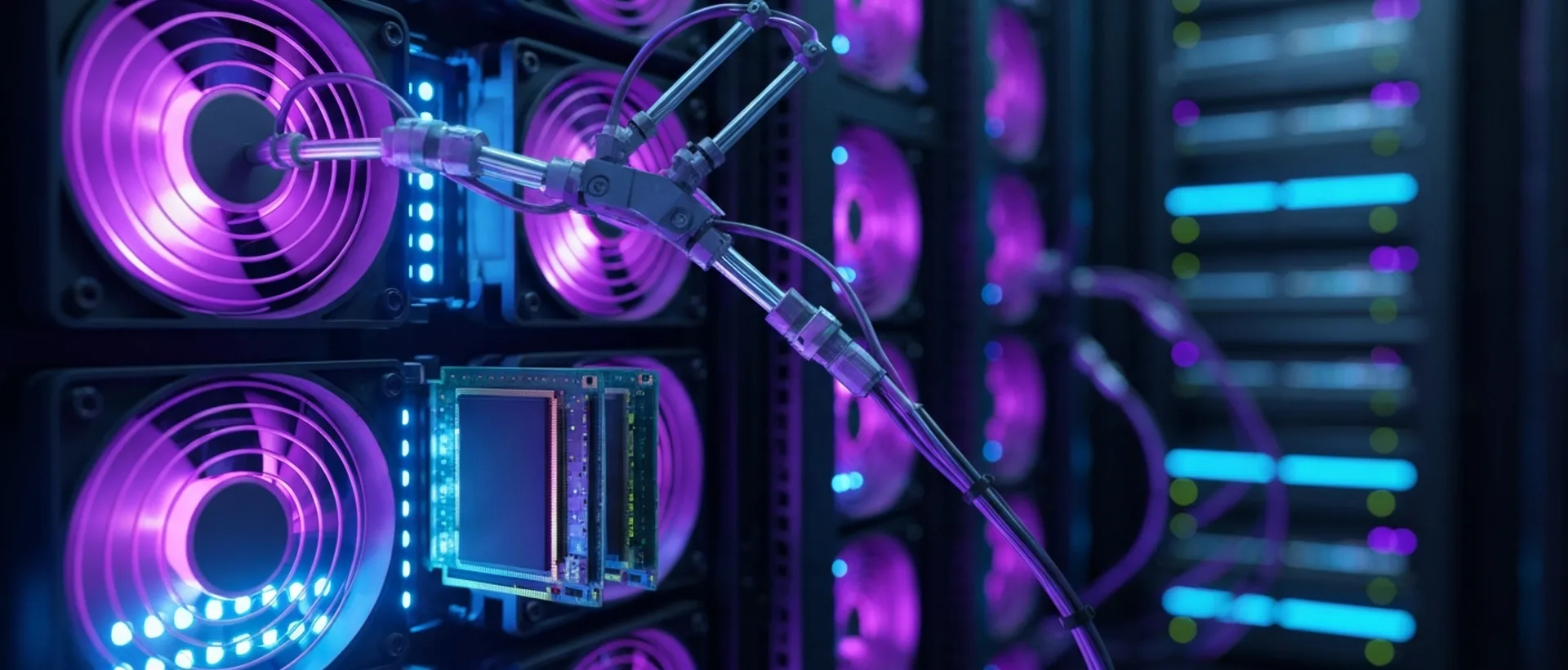 Robotic arms inserting glowing RAM modules into a futuristic server with blue and purple neon lights.