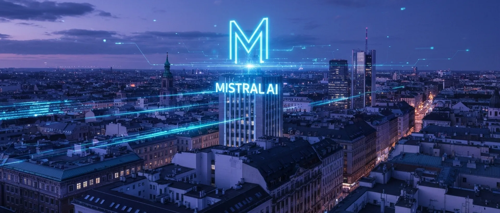 Panorama de uma cidade europeia futurista ao anoitecer, com o logotipo da Mistral AI em neon azul e ciano dominando o horizonte e fluxos de dados digitais.