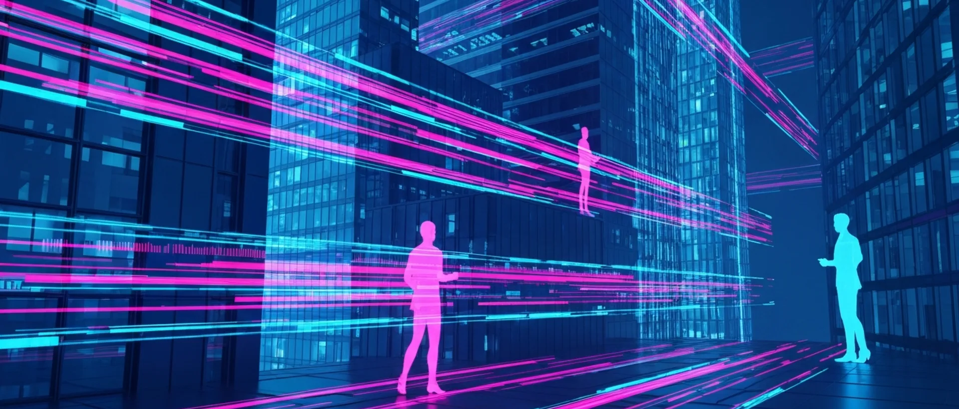 Cenário urbano digital futurista ao entardecer com fluxos de dados e interfaces holográficas de IA