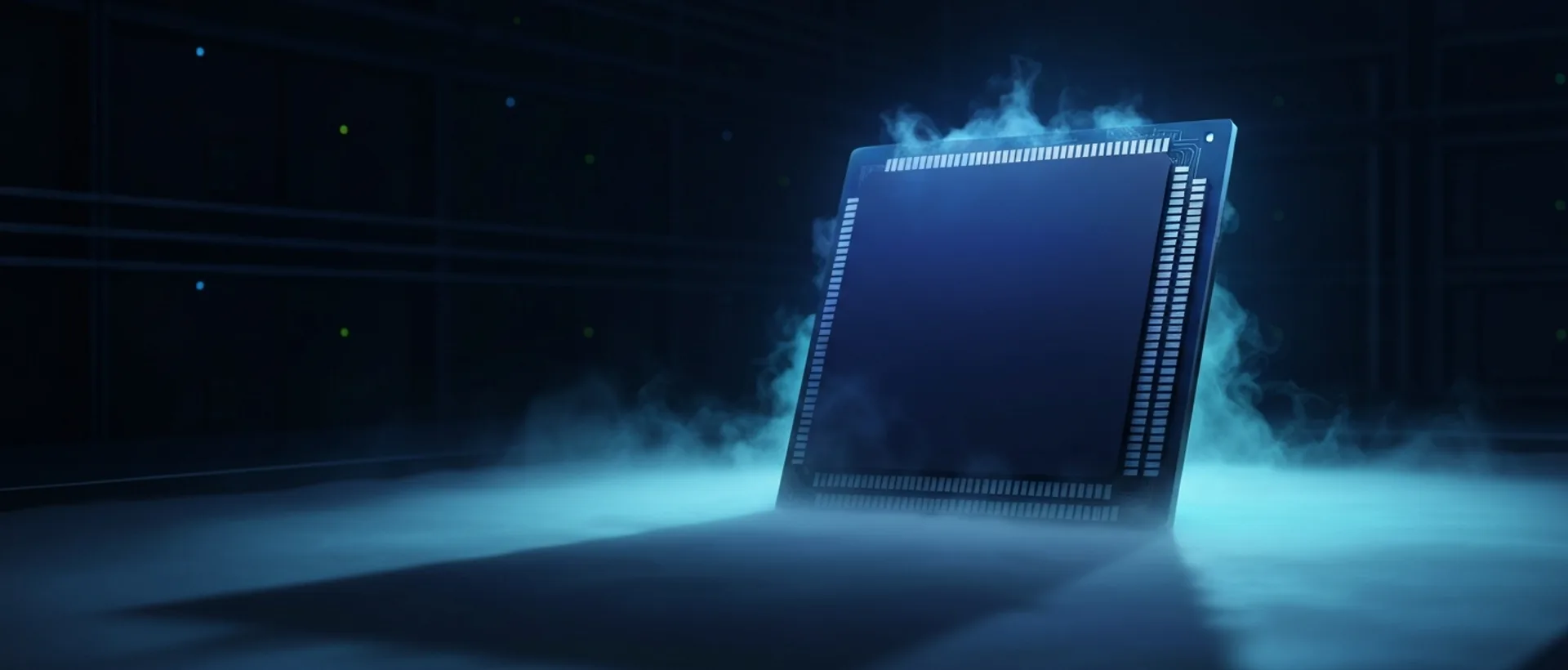 Chip Nvidia Blackwell superdimensionado, emitindo luzes índigo e ciano, parcialmente imerso em nitrogênio líquido em um data center escuro.