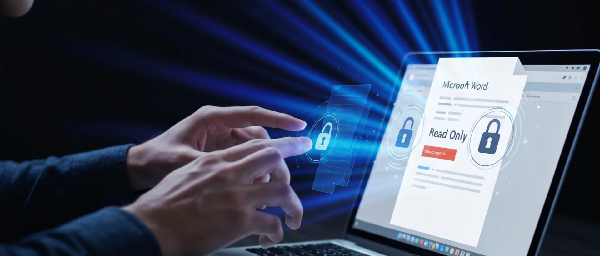 Mãos interagindo com um documento Word holográfico 'somente leitura' em uma tela de MacBook, com ícones de cadeado digital.