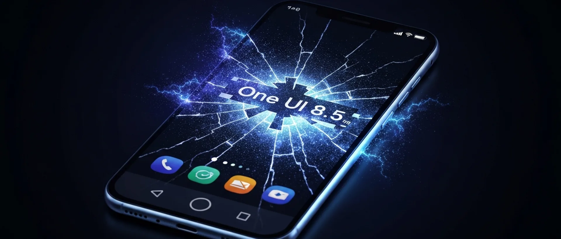 Tela de smartphone com interface One UI 8.5 fragmentada e pixelizada, emanando luzes neon em tons de índigo e ciano sobre fundo escuro.