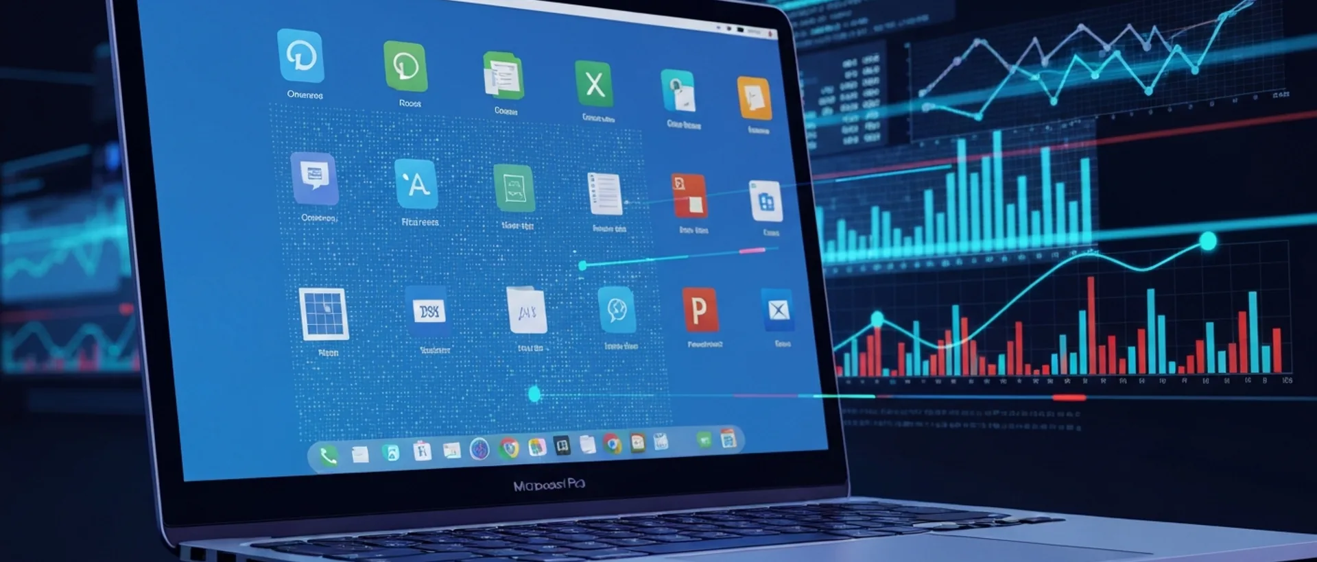 MacBook Pro com ícones do Office 2026 e fluxos de dados digitais em tons de índigo e ciano, simbolizando otimização de desempenho.