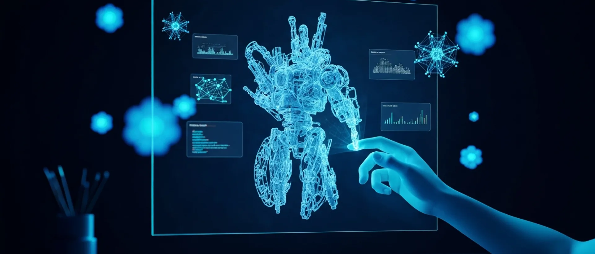 Mão humana interagindo com projeção holográfica de um modelo 3D complexo em um ambiente de trabalho digital futurista