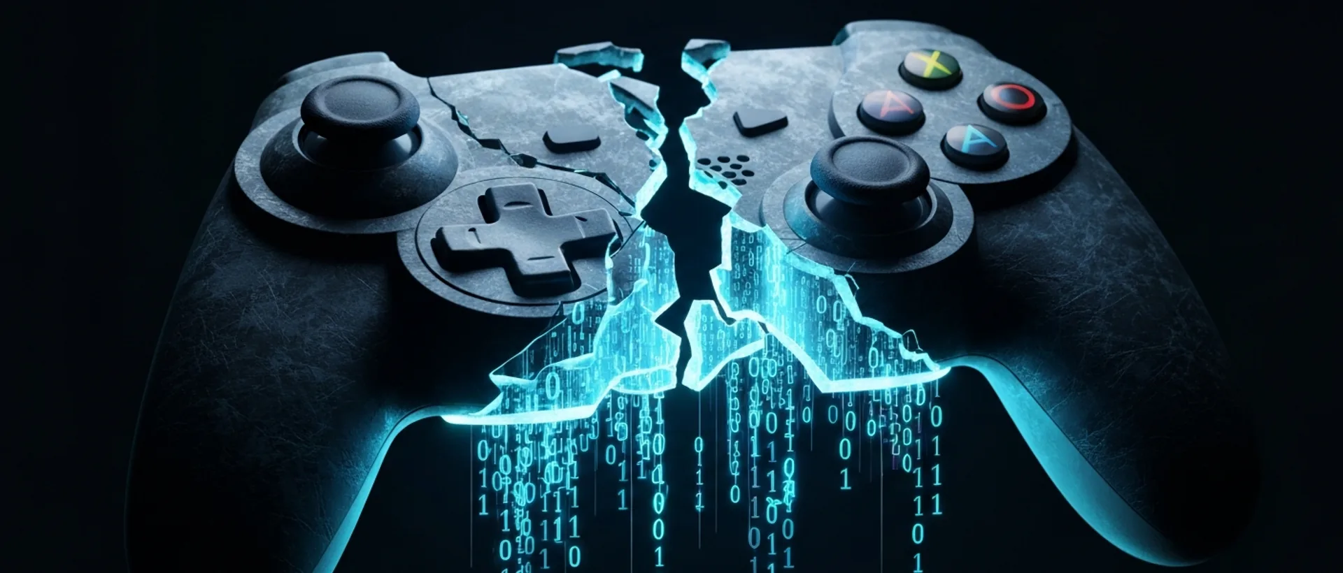 PlayStation controller fragmented into digital and physical code with neon lighting