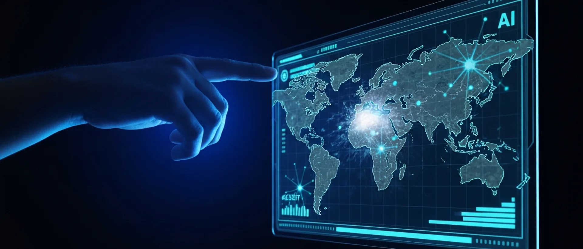 Human hand pointing skeptically at a holographic weather map with AI overlays