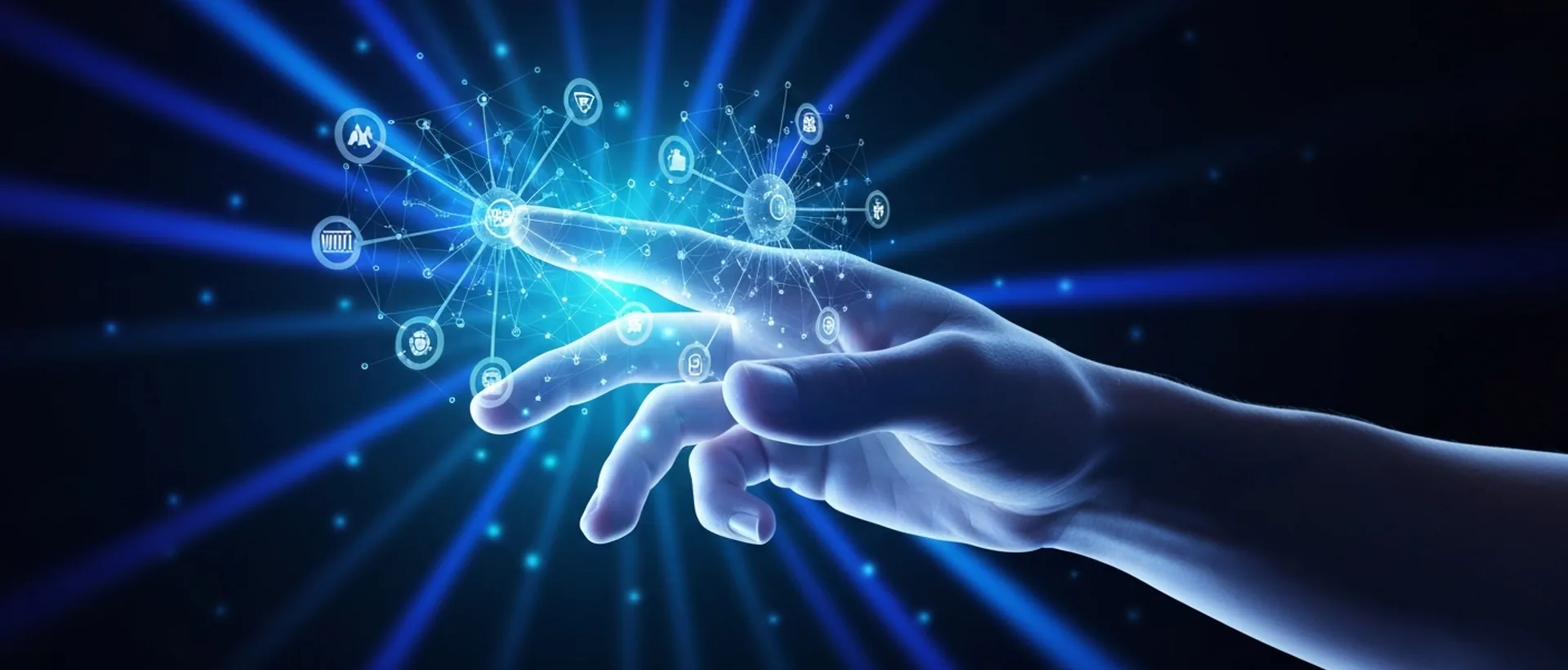 Mão humana futurista interagindo com uma interface holográfica brilhante, mostrando conexões de rede neural e símbolos de processamento de linguagem natural.