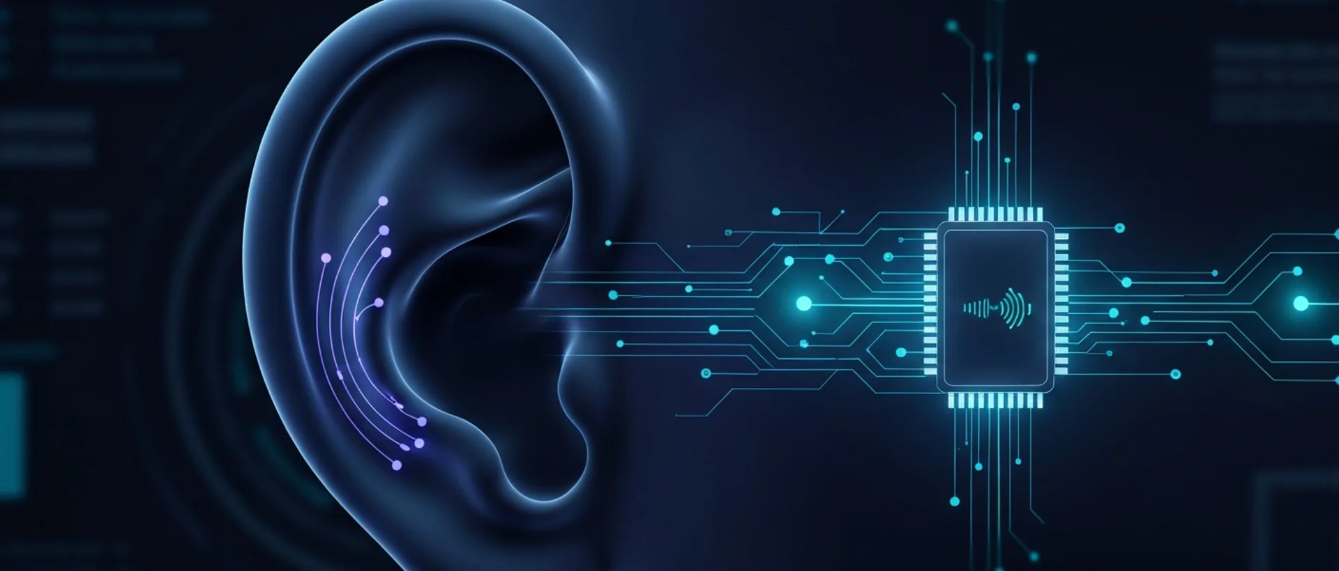 Futuristic ear processing sound waves, converting into data for a small, sleek chip.