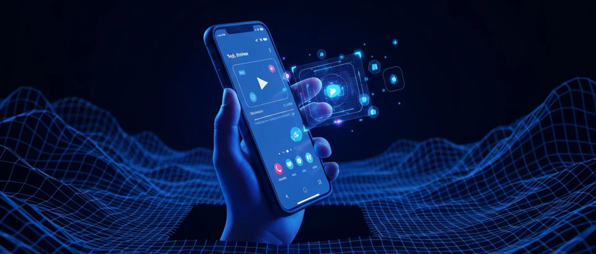 Smartphone futurista exibindo review de tecnologia em vídeo curto com projeção holográfica em ambiente digital escuro, iluminado por luzes neon índigo e ciano.