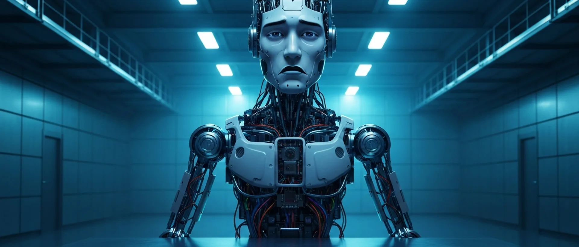 Partially disassembled humanoid robot in a lab, with exposed wiring and dramatic blue and purple lighting.