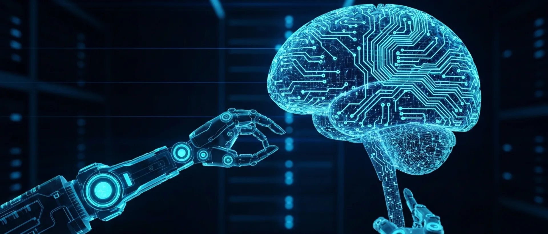 Cérebro digital futurista com circuitos luminosos em tons de índigo e ciano, interagindo com braços robóticos processando dados em um ambiente de servidor escuro.