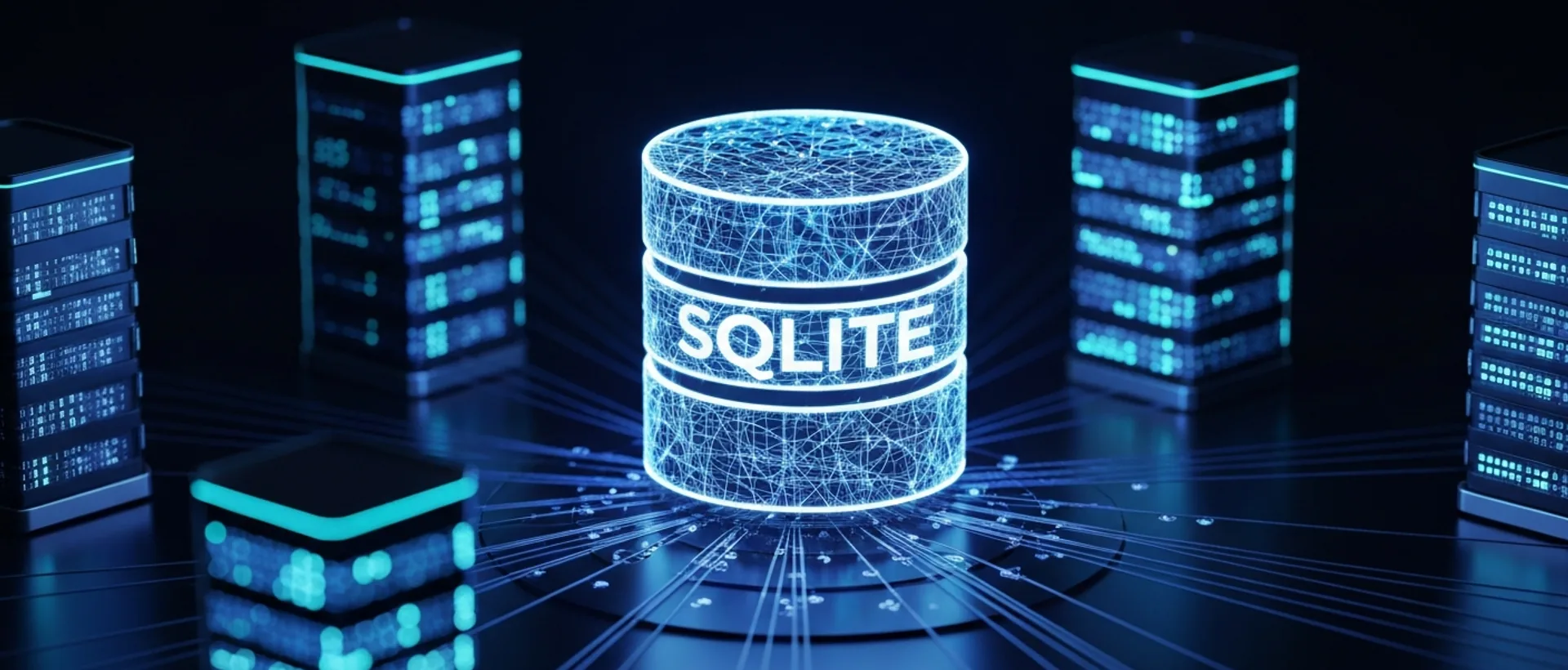 Ícone estilizado do SQLite conectado a servidores em um datacenter escuro com luzes neon índigo e ciano.