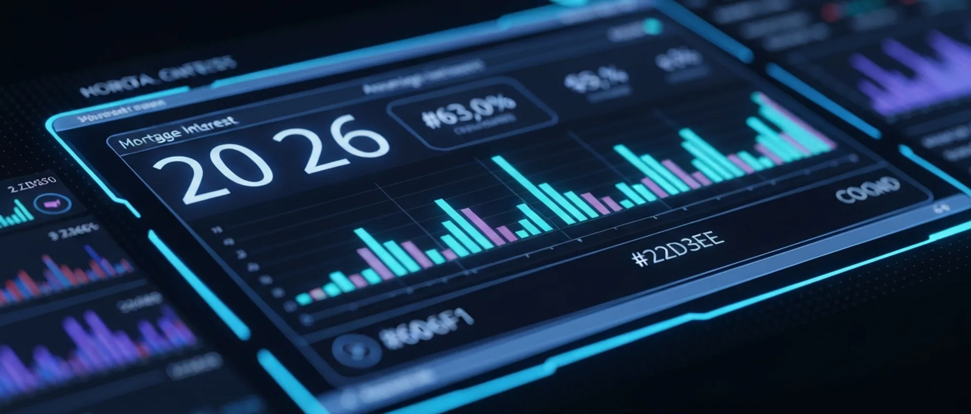Futuristic digital panel showing floating mortgage interest rates for 2026 with blue and cyan lighting.