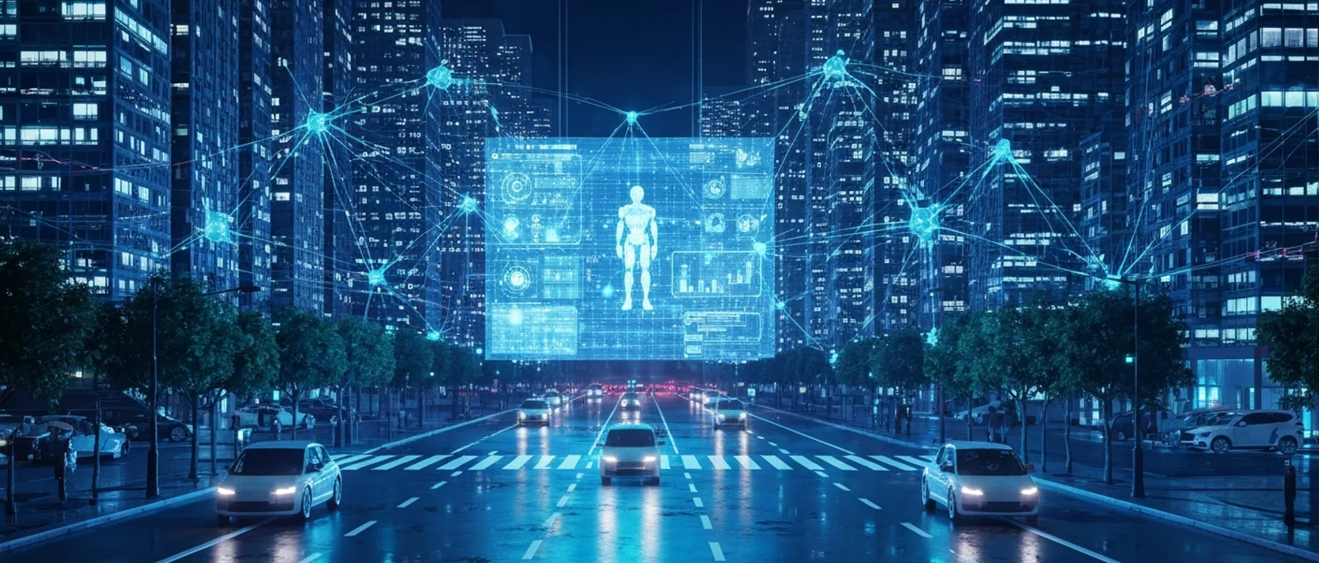 Cidade futurista com redes de dados luminosas e veículos autônomos, iluminada por raios de luz azul e ciano.