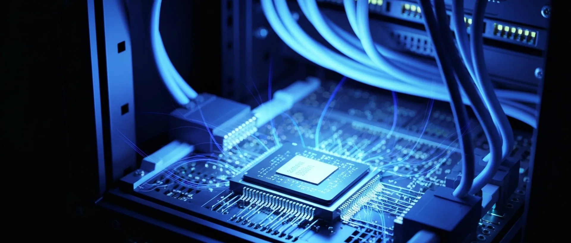 Processador Xeon antigo iluminado por luzes neon em um ambiente de servidor vintage, com cabos de dados em tons de índigo e ciano.