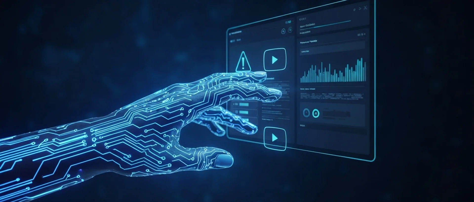 Mão digital com circuitos brilhantes interagindo com interface holográfica do YouTube mostrando avisos e fluxos de dados
