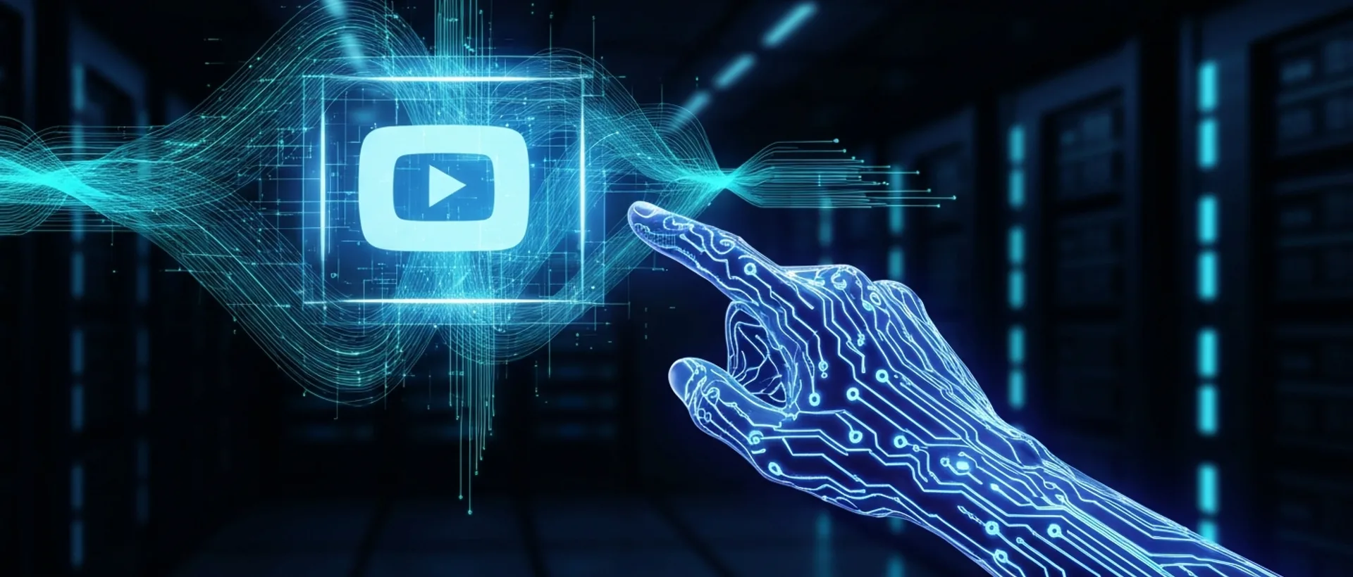 Mão futurista com circuitos acesos apontando para logo holográfico do YouTube em um ambiente de servidor escuro.
