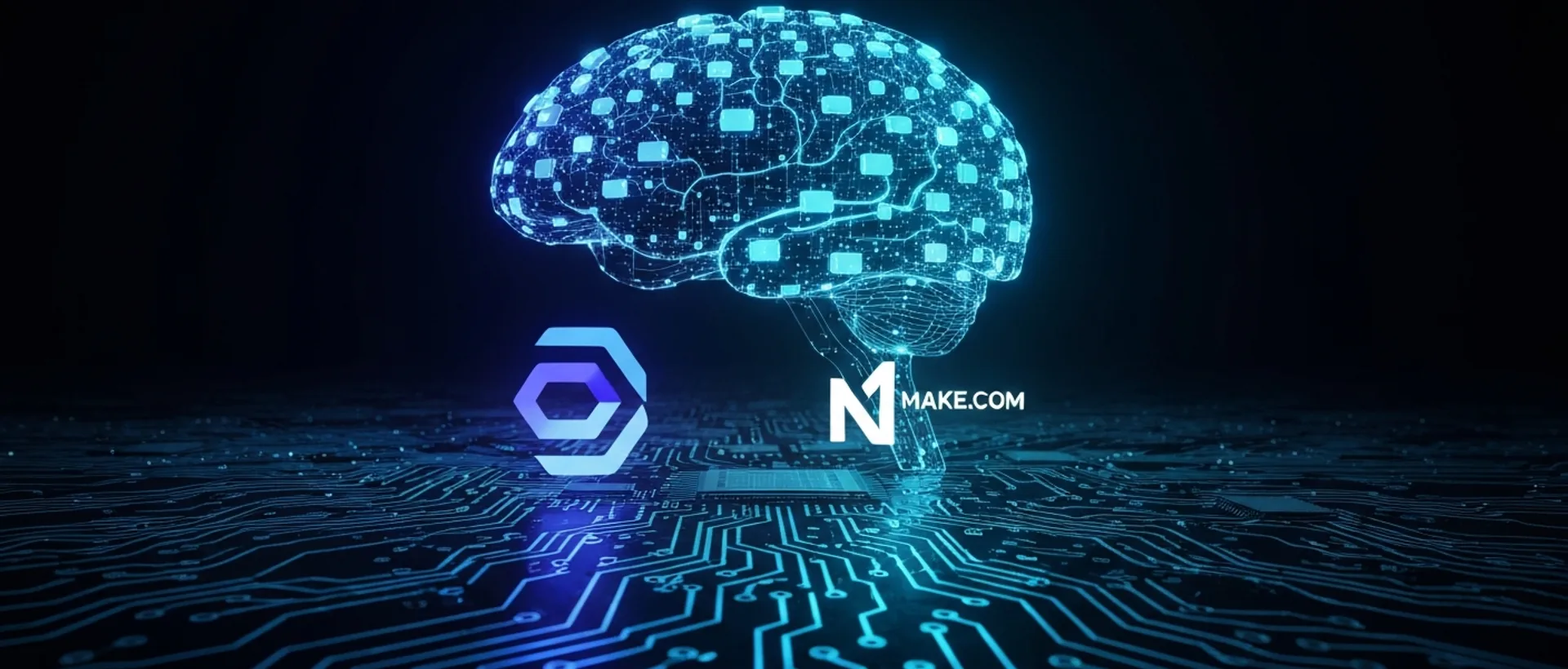 Cérebro digital futurista com nós de dados brilhantes em índigo e ciano, conectando-se a logotipos abstratos de Zapier e Make.com em uma placa de circuito.