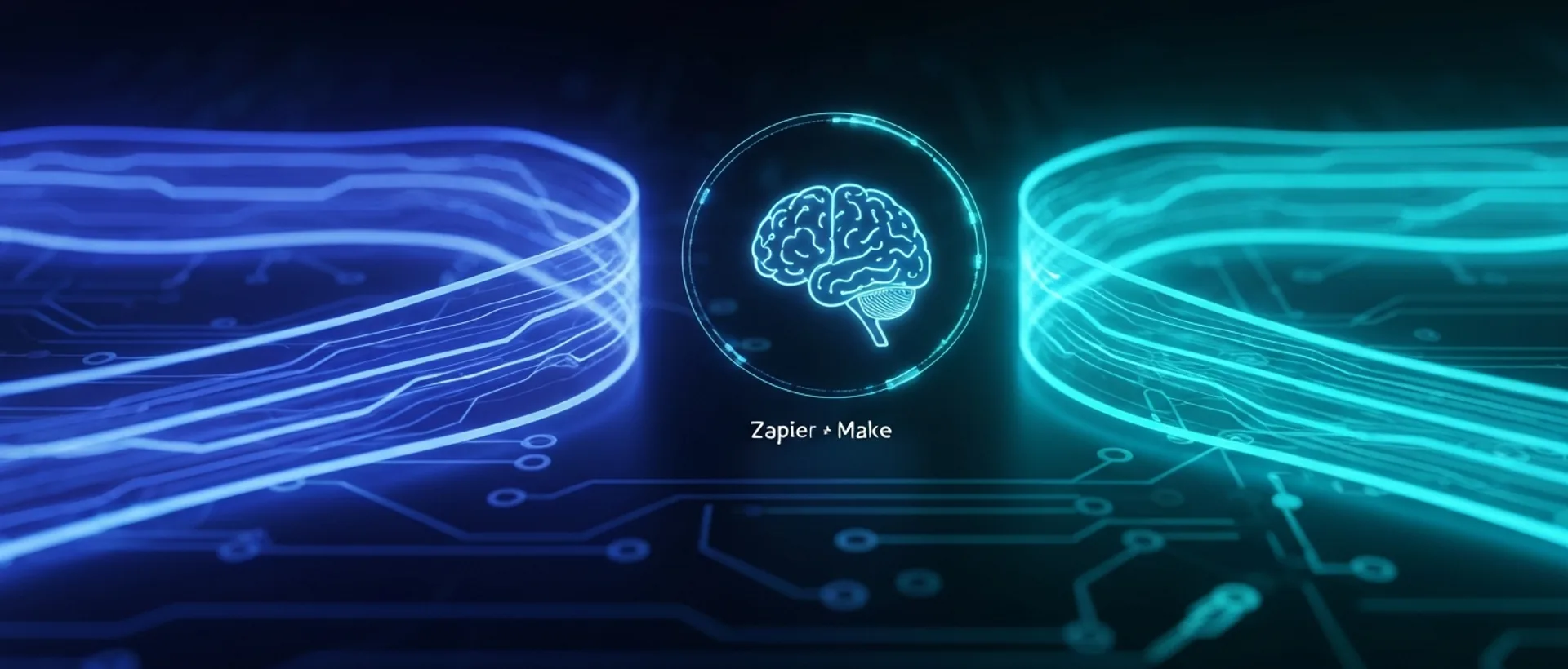 Interface digital futurista com fluxos de dados em indigo e ciano representando Zapier e Make, com um ícone de cérebro holográfico central.