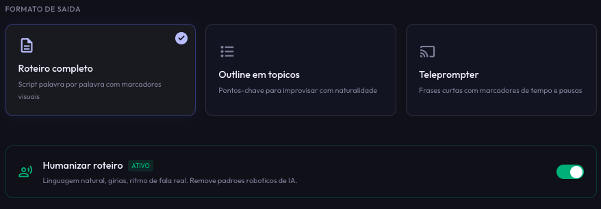 Seleção de formato com Humanize Mode