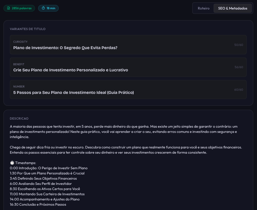 SEO com títulos, descrição e timestamps