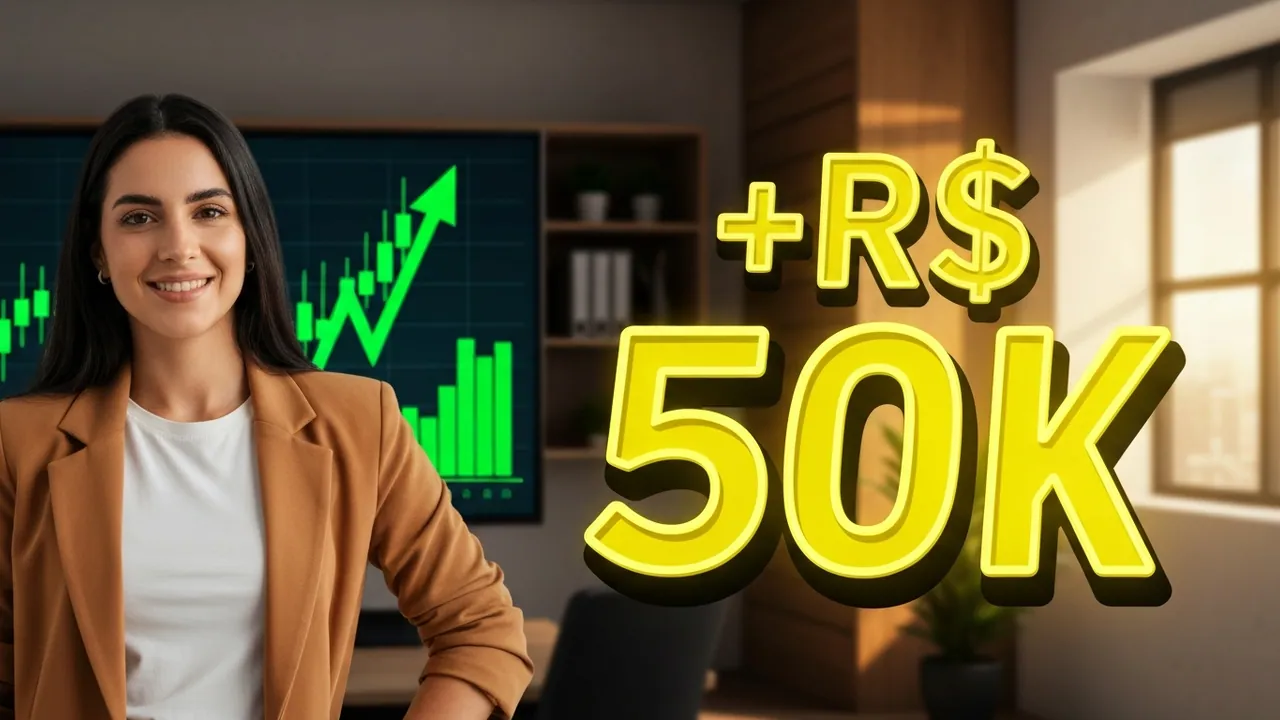 After · Same woman confident with "+R$ 50k", warm tones