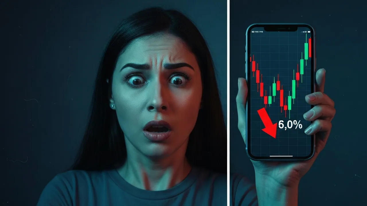 Before · Shocked woman watching financial chart fall, cool tones